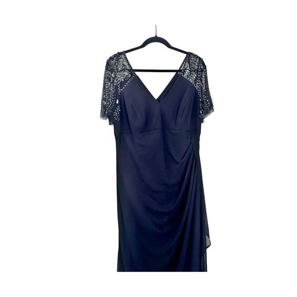 Xscape Beaded Sheer Flutter Sleeve Cascading Draped Waist Gown Navy Size 16 NWT - Picture 5 of 12